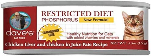 Dave's Pet Food Restricted Diet Phosphorus Chicken Liver & Chicken in Juice Pate Canned Cat Food, 5.5-oz, case of 24